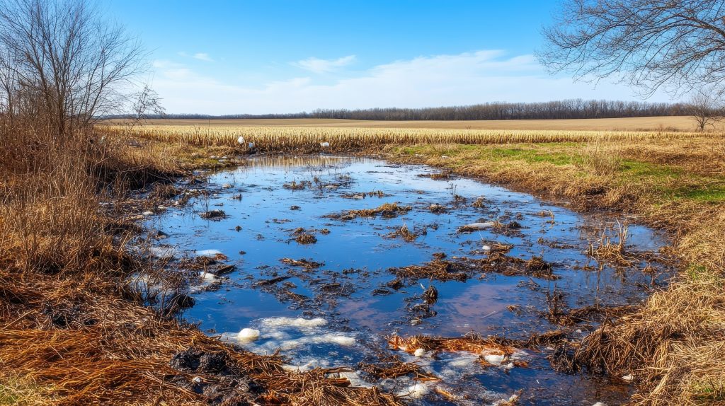 Polluted rural farm field with stagnant water and visible waste under a clear blue sky .
